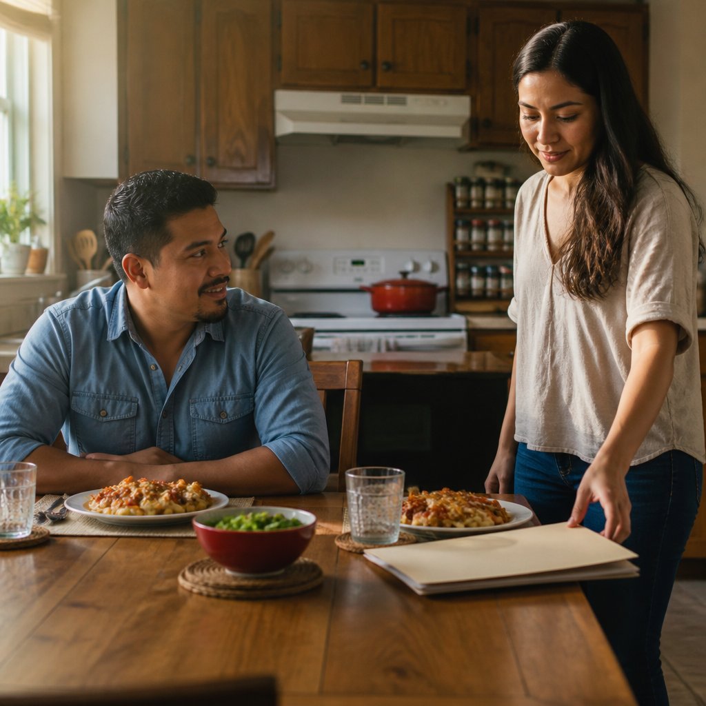 Latino man and woman at kitchen table with folder and casserole dish in background.