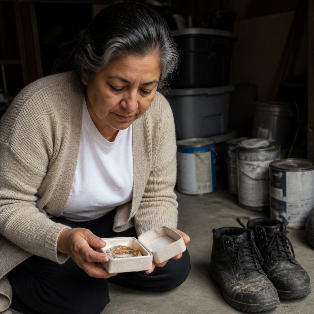 Woman crouching in basement holding a small bracelet case near a pair of boots.