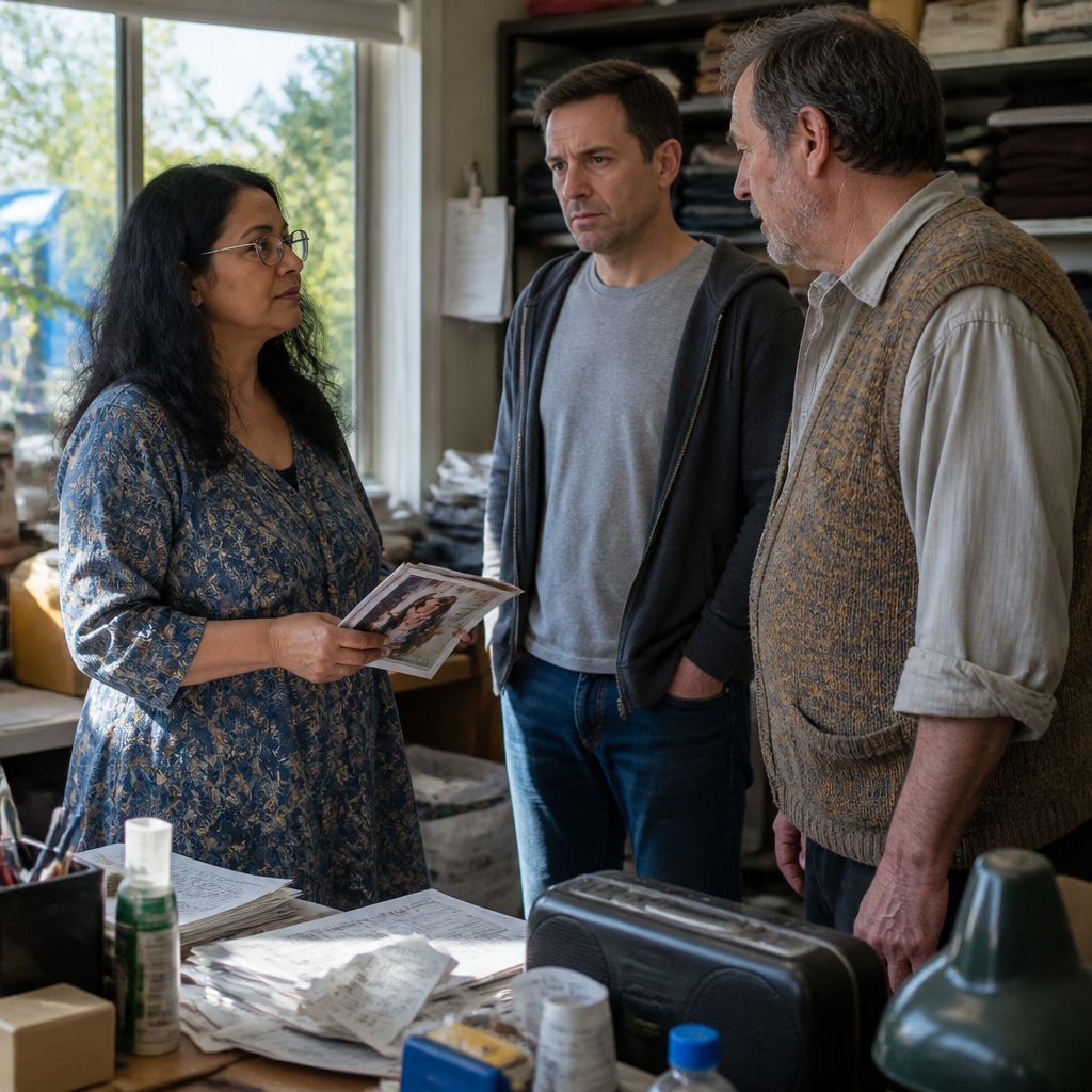 Woman confronting thrift store manager and Evan in a cluttered back office, holding photos with serious expressions.