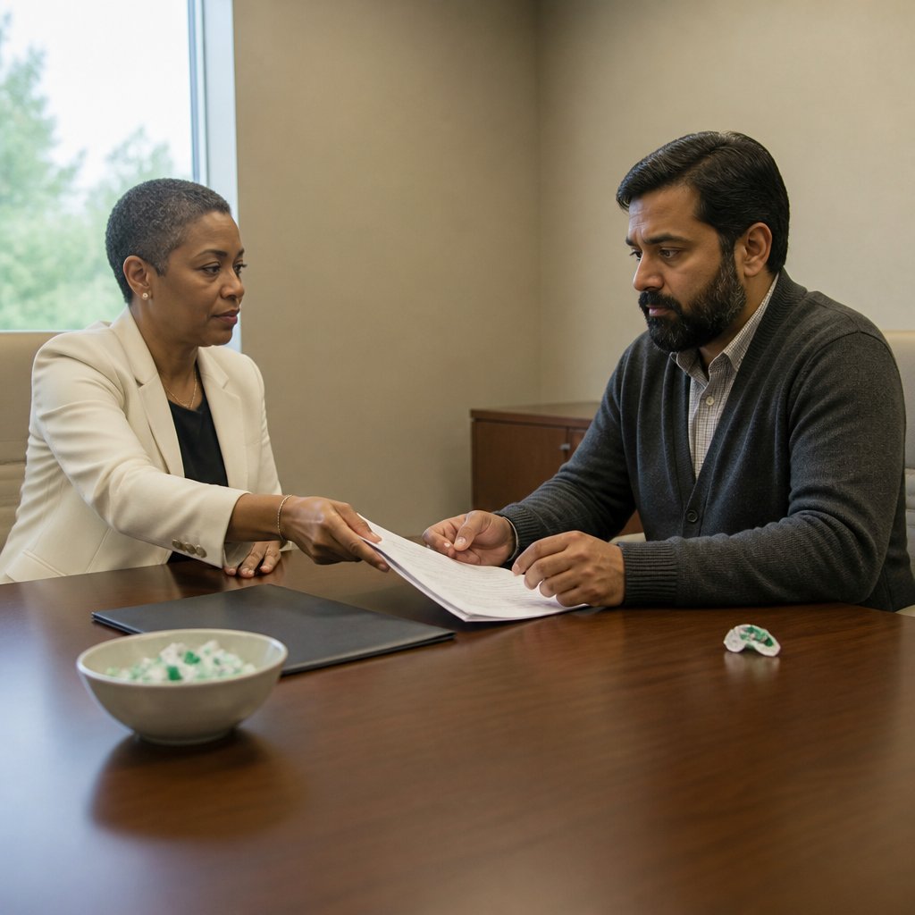 An HR director slides a stapled printout across a conference table toward a bearded man who hesitates to touch it.