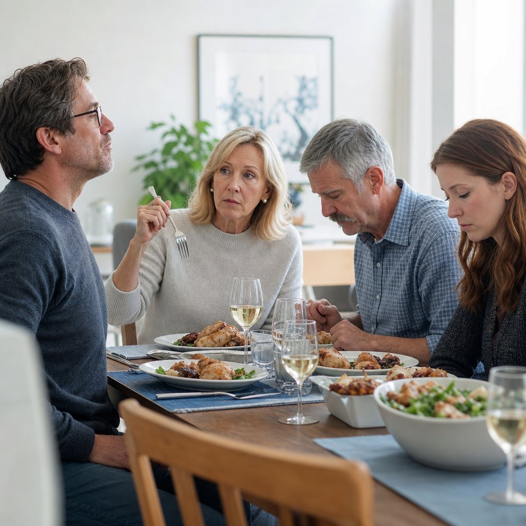 A tense family dinner moment as everyone goes silent mid-meal.