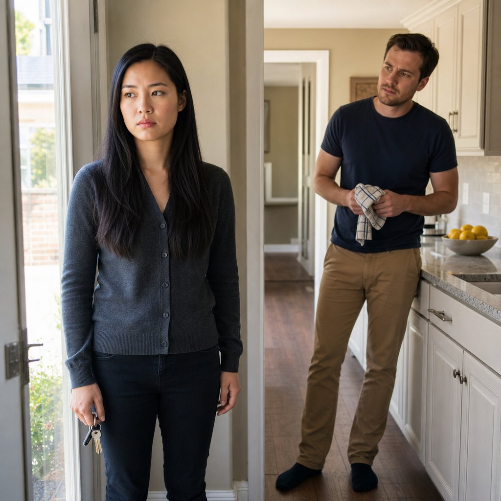 Mara stands in her doorway clutching keys while Evan watches her from the kitchen, tension hanging between them.