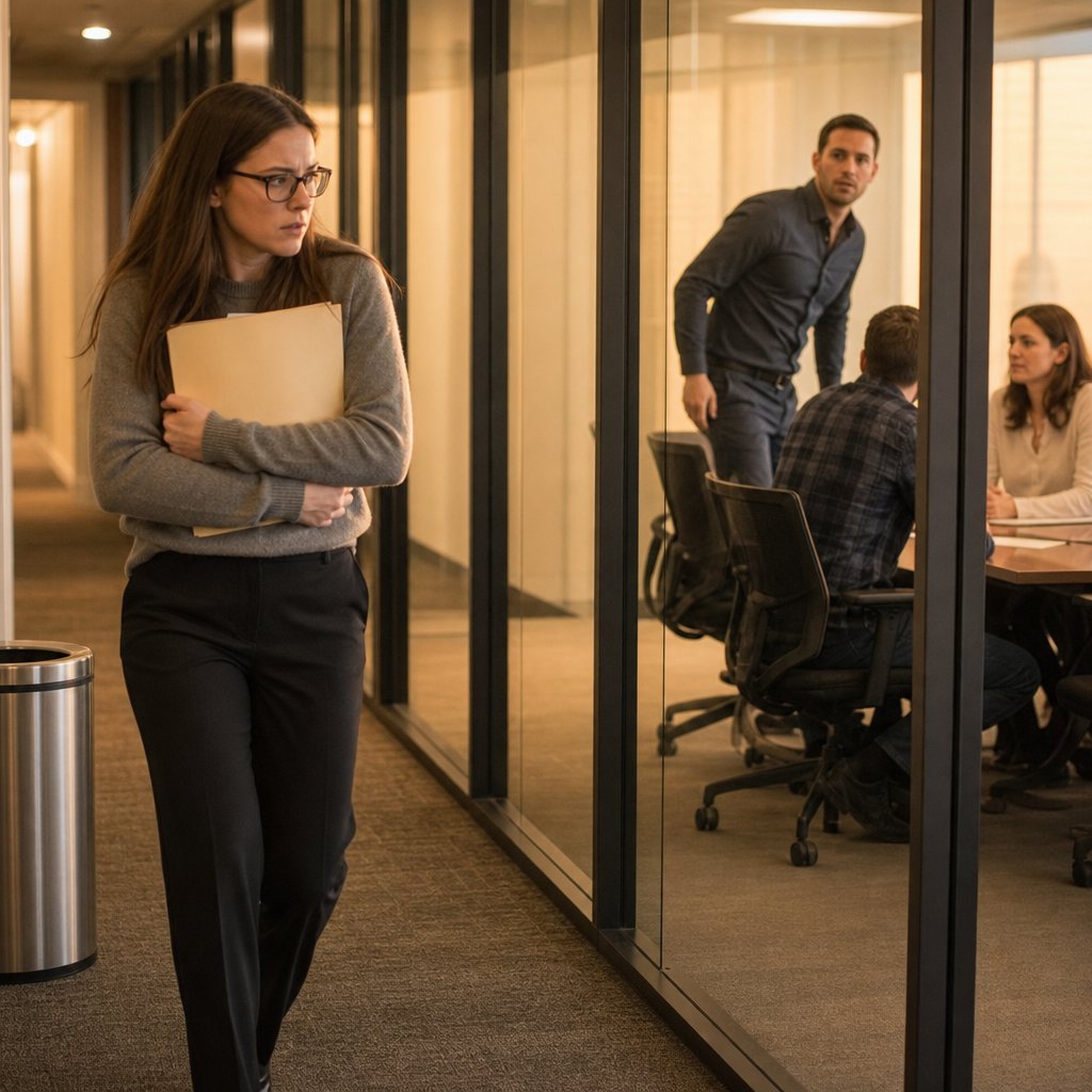Ivy clutches a folder in an office hallway as Mark stands up inside a glass-walled conference room.