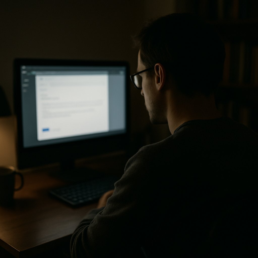 Over-the-shoulder view of computer screen with blurred email draft in a dimly lit room