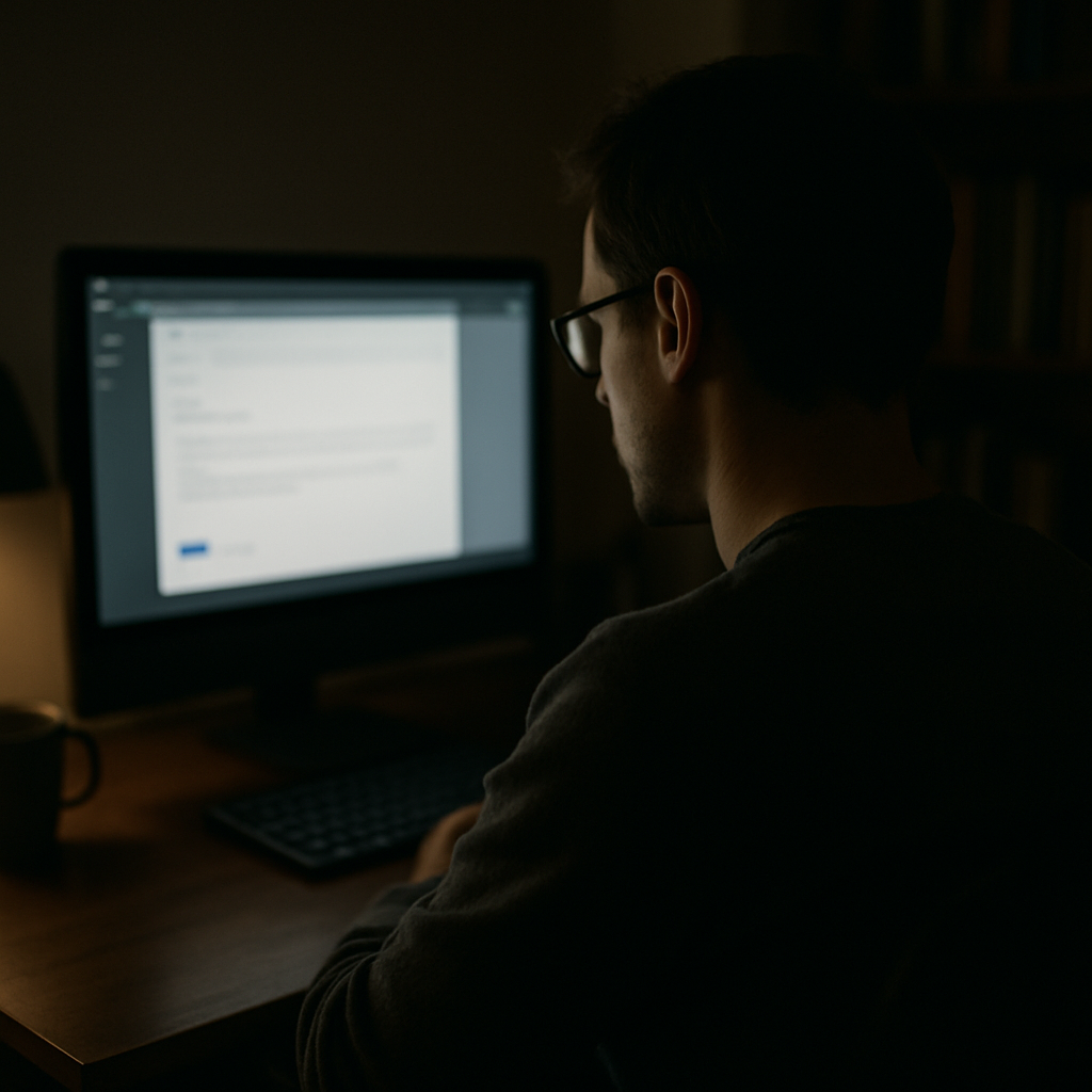 Over-the-shoulder view of computer screen with blurred email draft in a dimly lit room
