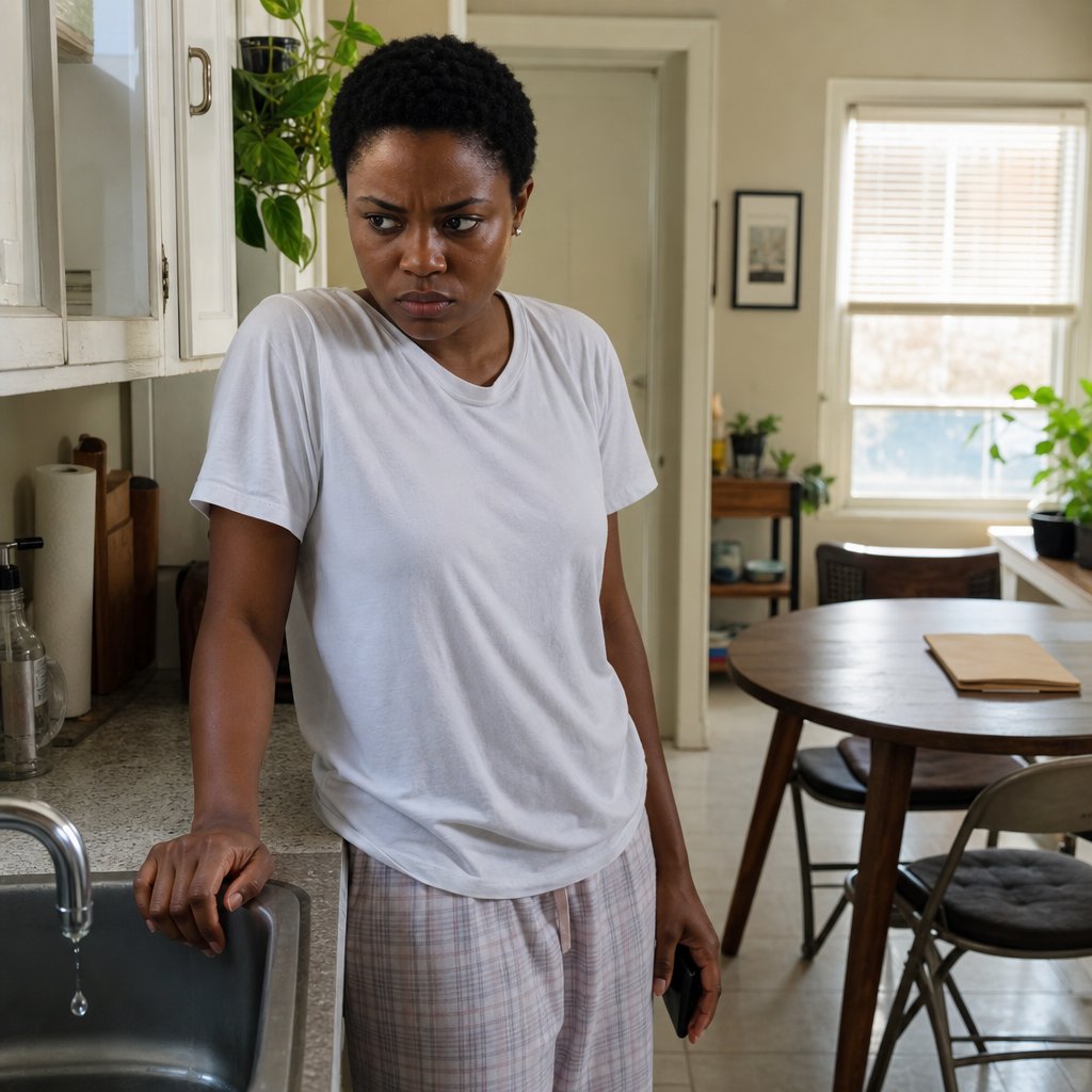 Mara stands in her kitchen gripping the counter after a call from an unknown number, a sealed folder on the table behind her.