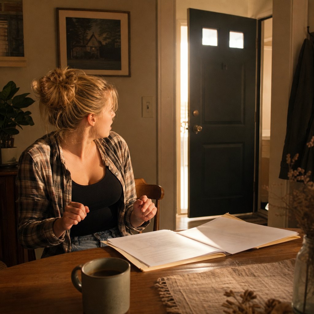 Mara sits at a dining table with papers spread out, turning toward the front door in alarm.