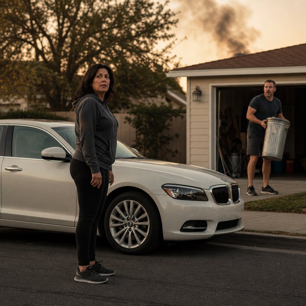 Mara watches Grant outside his garage with a metal trash can as smoke rises behind the roofline and Sloane’s Lexus sits at the curb.