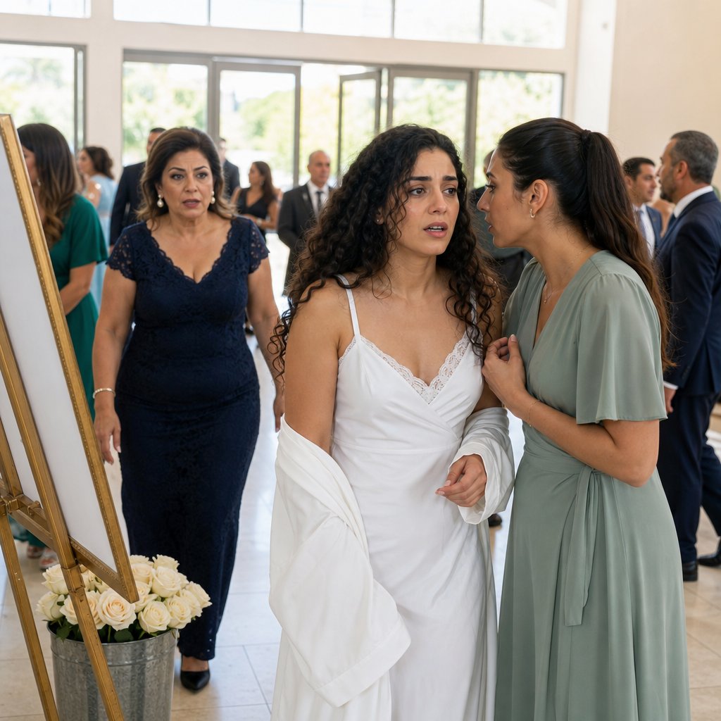 In the venue foyer, the bride looks stricken beside a gold-framed seating chart as her mother in a navy dress strides toward her and her sister whispers close by.