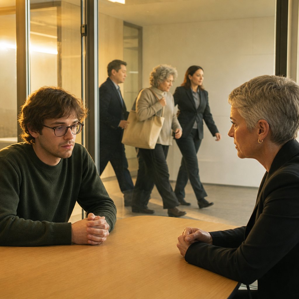 An investigator stares down the narrator for a decision as an admin is escorted past the glass wall outside.