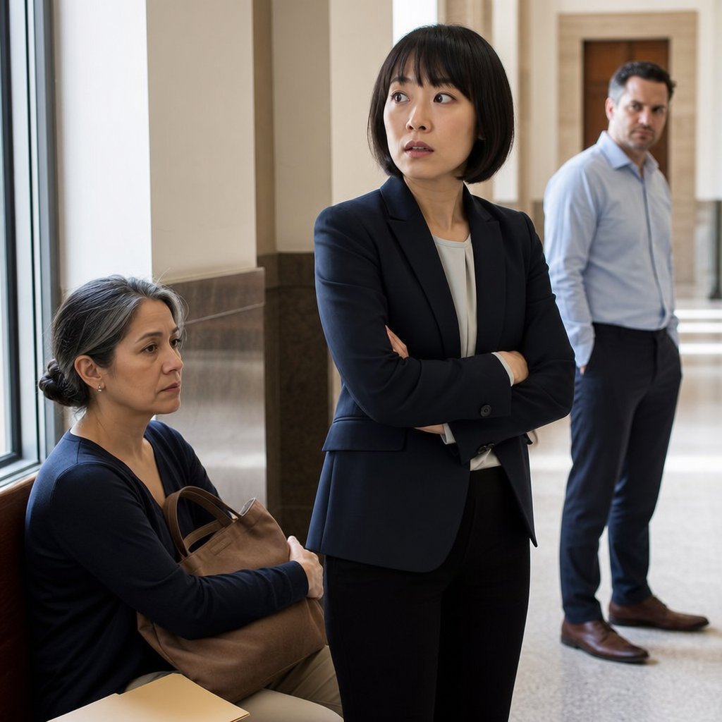 In a courthouse hallway, Lena sits clutching a tote while I stand beside her, and Gavin watches from a distance, tense.