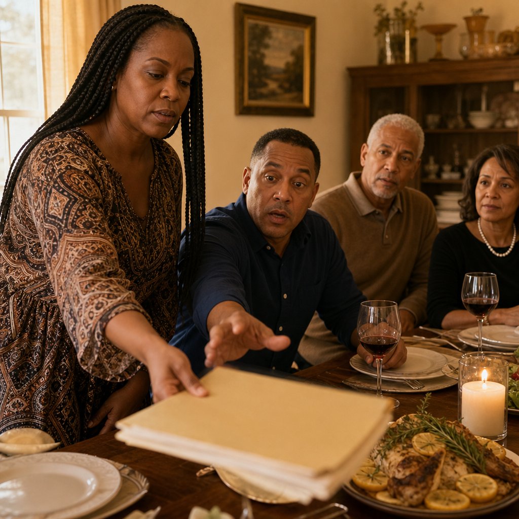 At a dinner table, a woman slides a folder forward as a man lunges to grab it, guests watching.