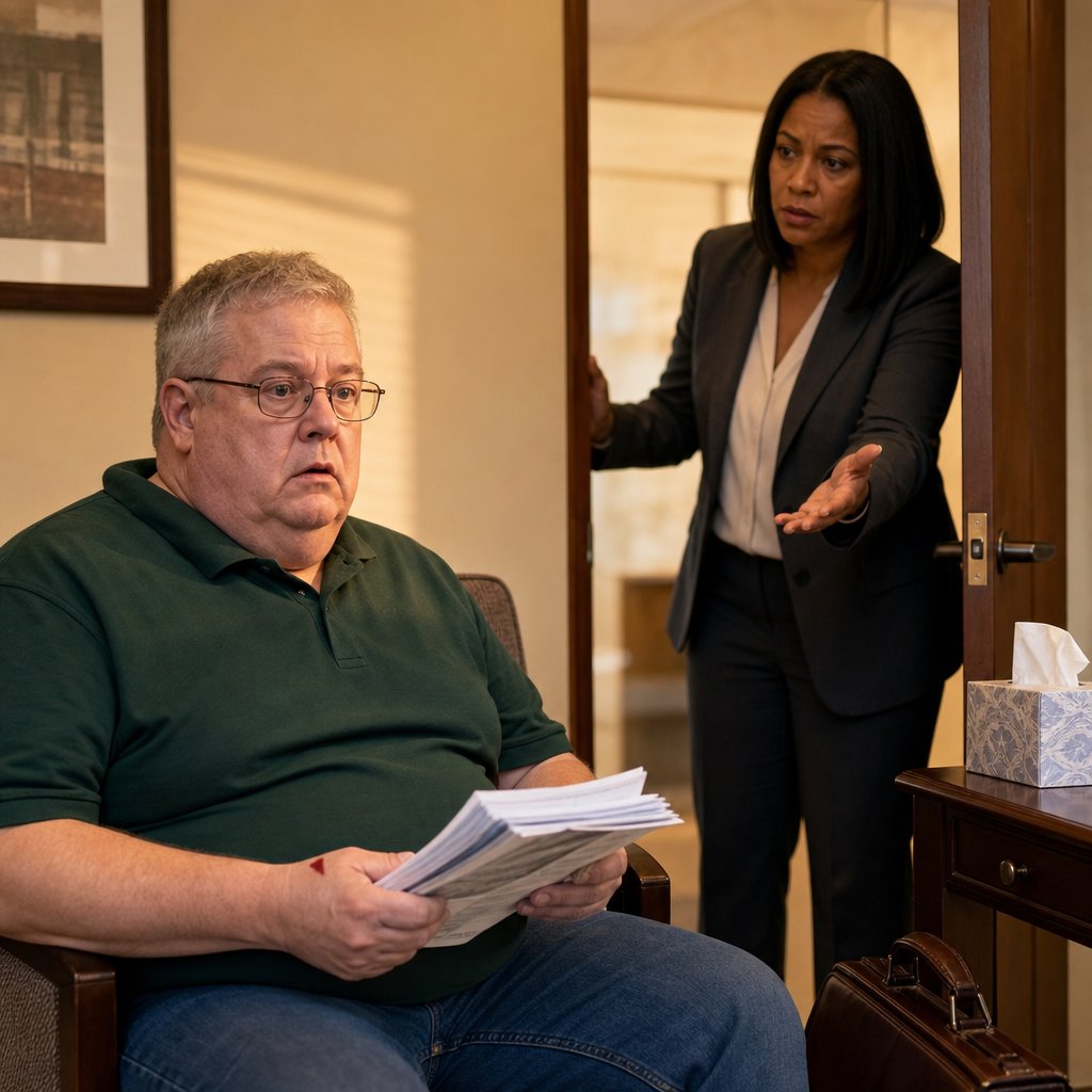 In a lawyer’s waiting area, the narrator stares at a stack of statements while his lawyer calls him into her office.