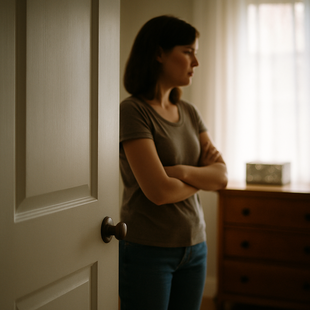 Woman blocking a bedroom doorway, jewelry box on dresser visible through door