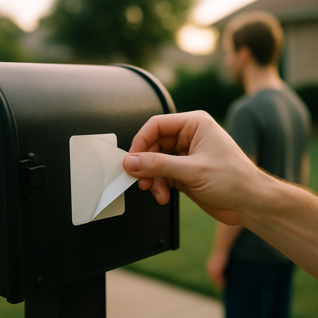 A hand trembling as it removes a name label from a mailbox in morning light.