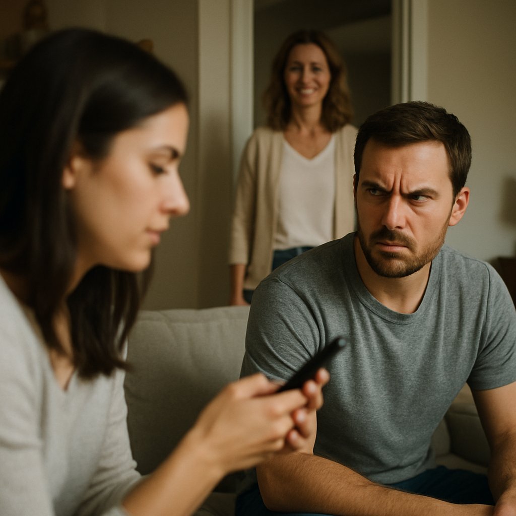 Man angry at woman holding phone, then smiling warmly when wife enters room.