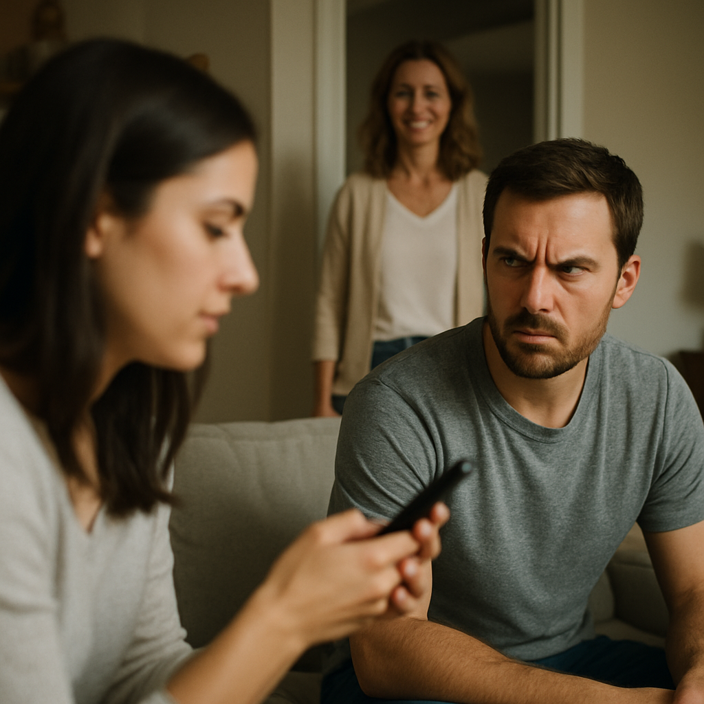 Man angry at woman holding phone, then smiling warmly when wife enters room.