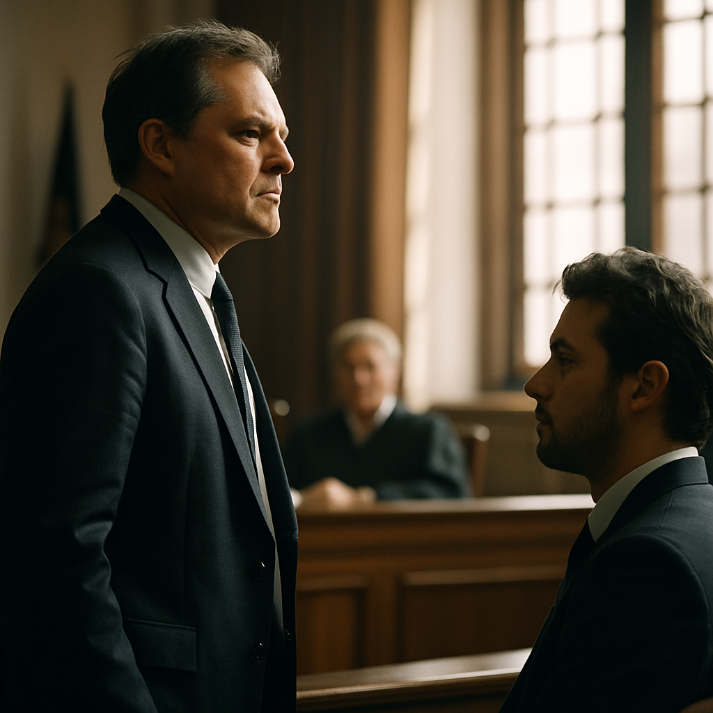 Man arguing in courtroom as another listens calmly with natural light through windows.