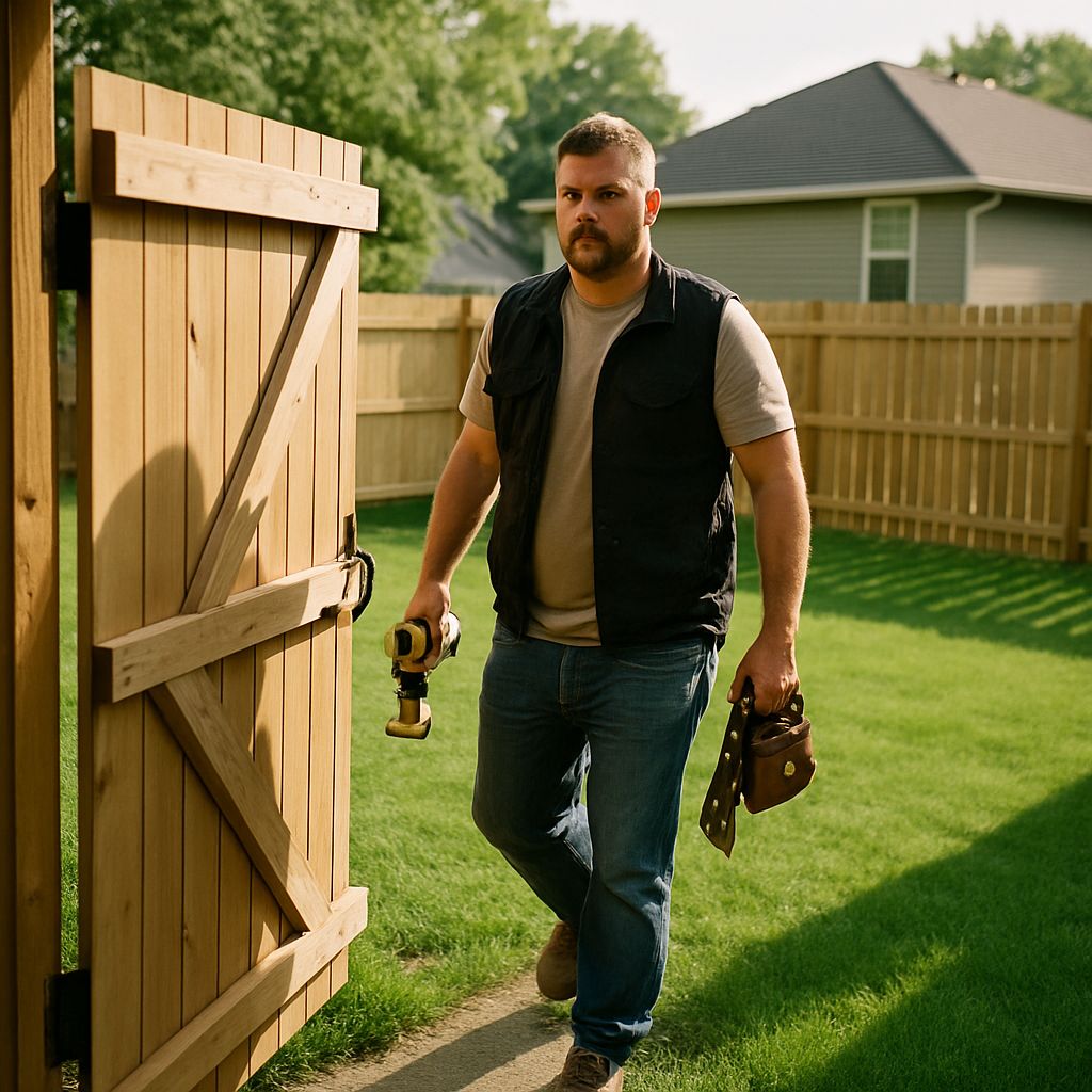 Contractor opening a side gate and stepping into a neighbor’s yard during fence work.