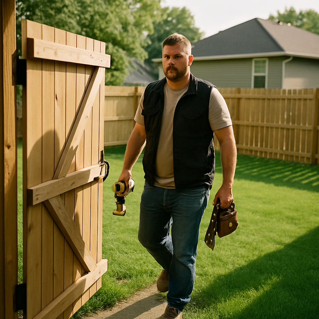 Contractor opening a side gate and stepping into a neighbor’s yard during fence work.