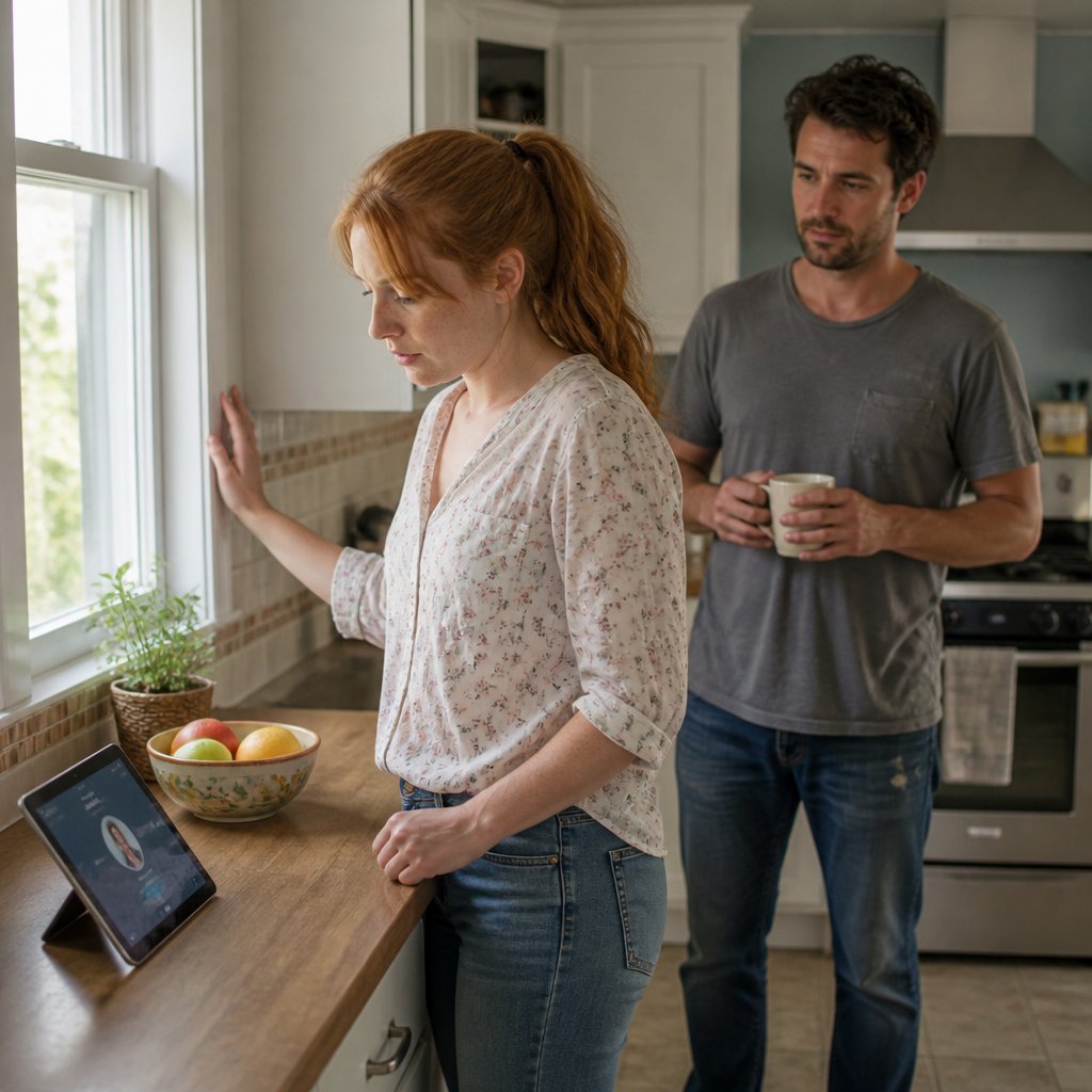 Woman looking at an iPad with a male account logged in, a man standing behind her holding a coffee mug.
