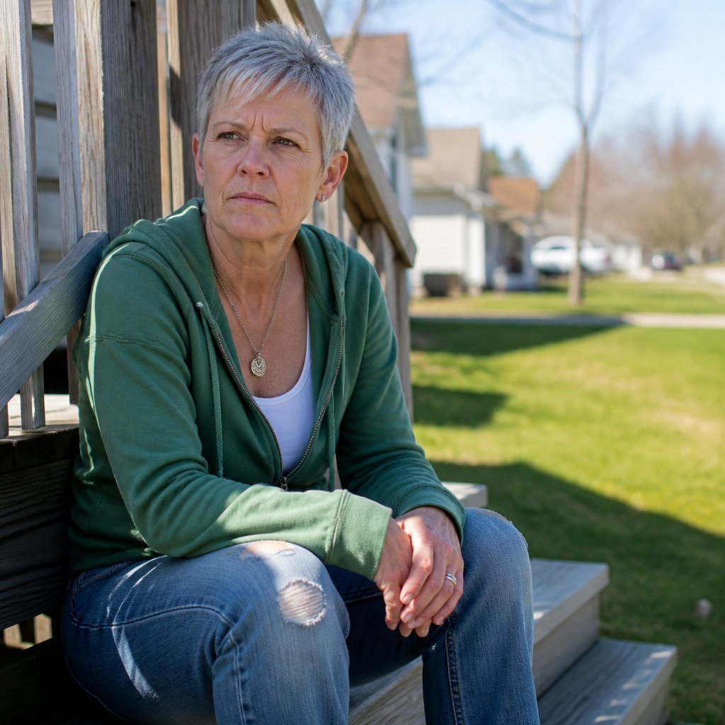 Woman holding phone face down on porch steps, tense expression, casual clothing.