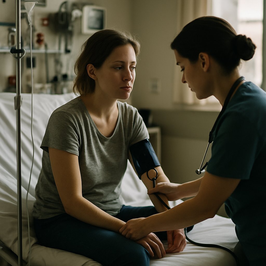 Woman in hospital ER bed with nurse taking her vitals.