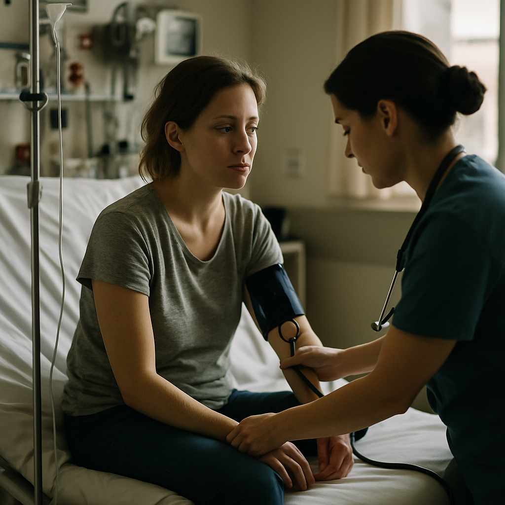 Woman in hospital ER bed with nurse taking her vitals.