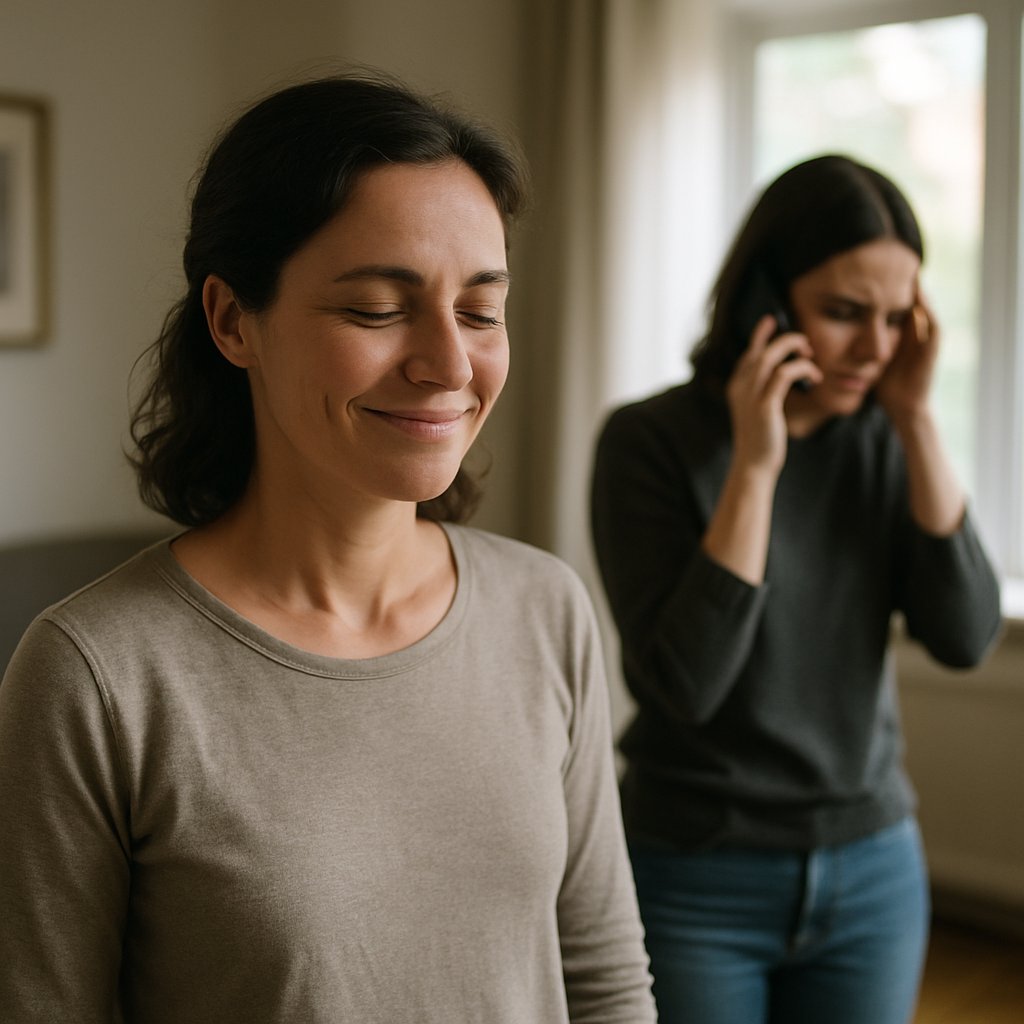 Woman smiling confidently as another woman looks upset on the phone in a living room.