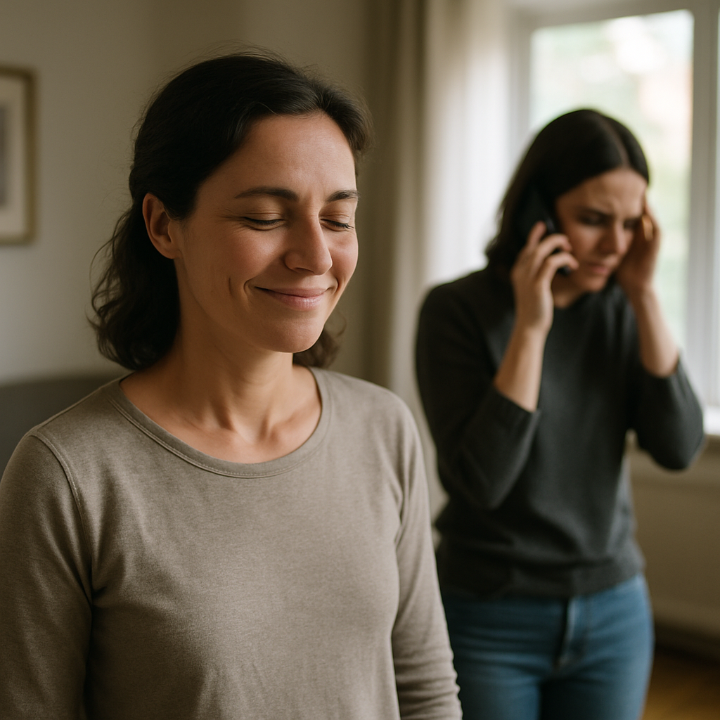 Woman smiling confidently as another woman looks upset on the phone in a living room.