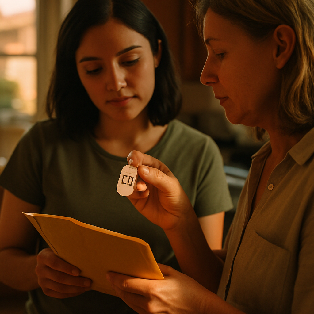 Two women examining a key tag and padded envelope at home.