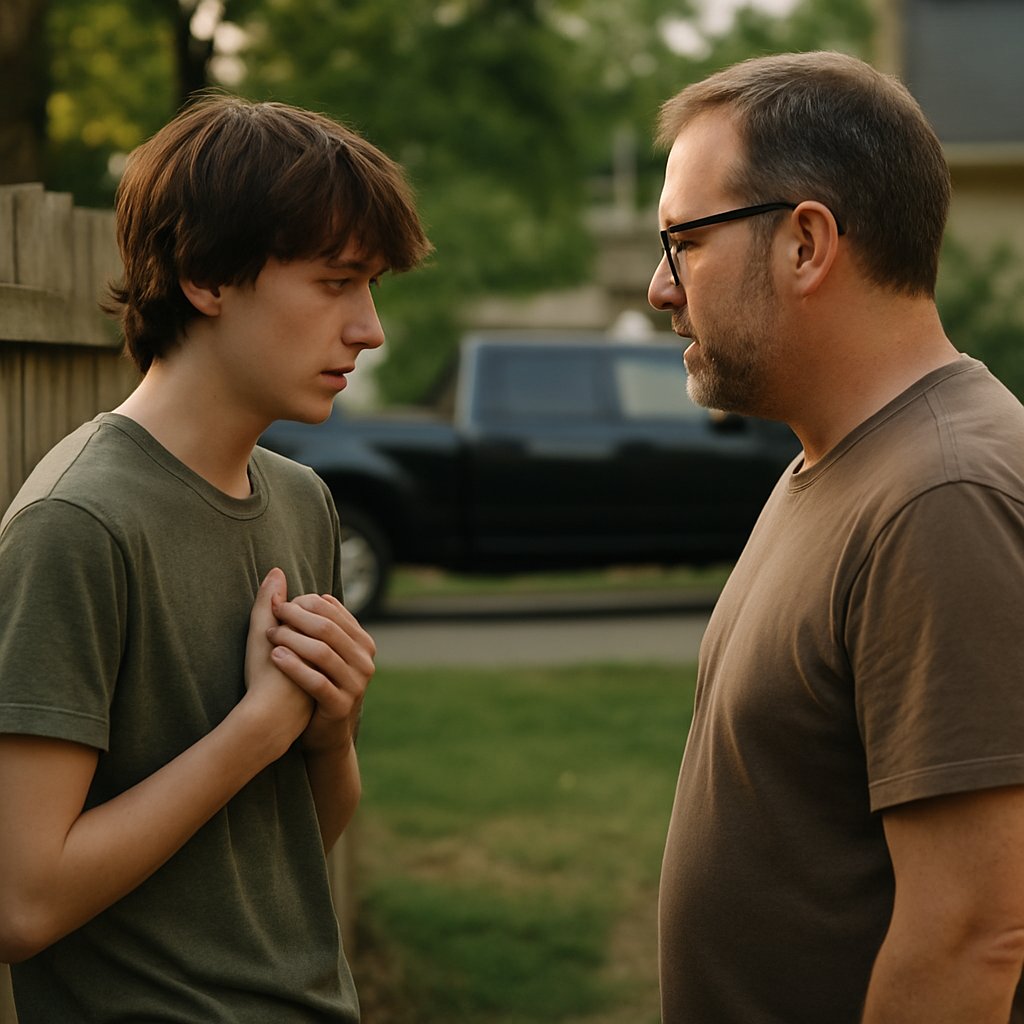 Teenage boy confessing to homeowner near backyard fence, with a parked truck in the background