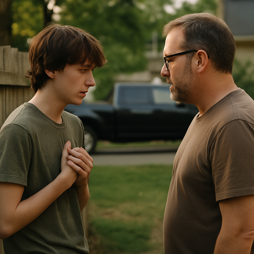 Teenage boy confessing to homeowner near backyard fence, with a parked truck in the background