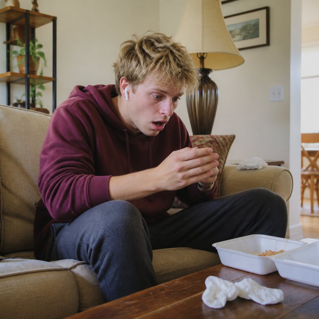 Young man on couch surprised by a message, casual clothes, cozy living room.
