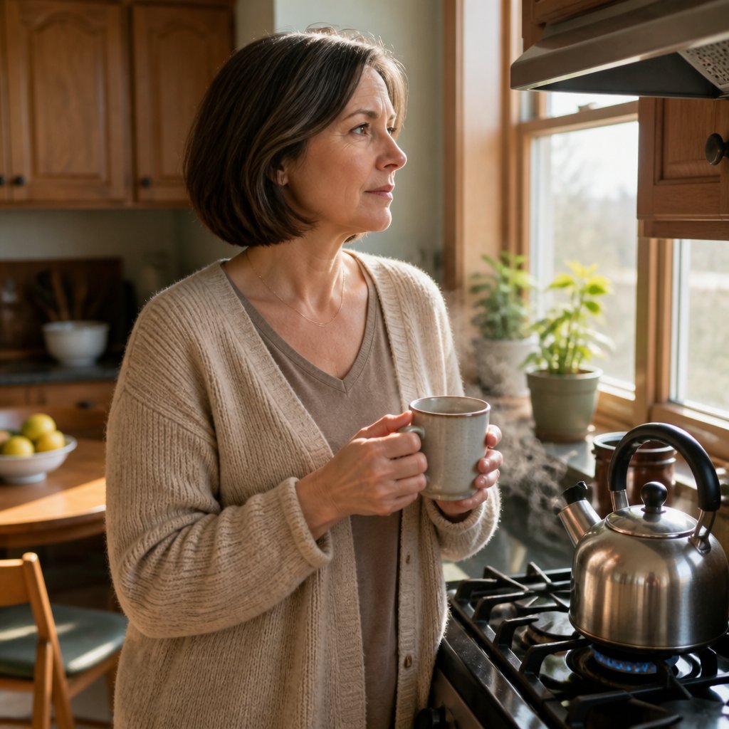 Woman standing in kitchen holding a mug, looking thoughtful, steam rising from kettle nearby.