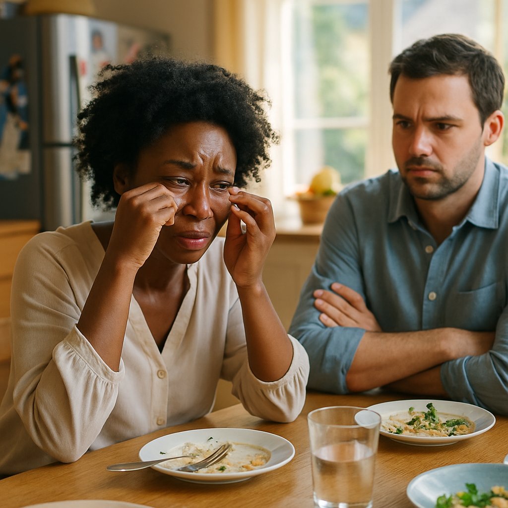 Woman crying at kitchen table while man looks at her with frustration and disbelief.