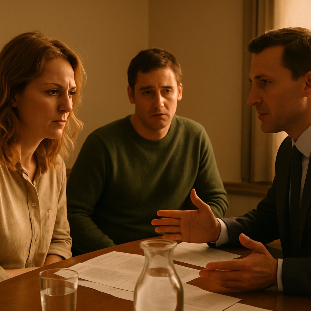 Lawyer calmly explaining paternity doubts to a worried man in a conference room.