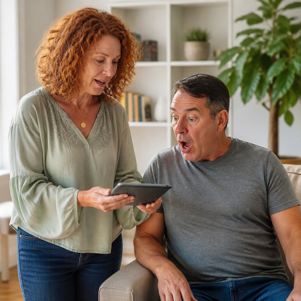 Woman holding tablet next to man on couch who looks shocked at what he sees.