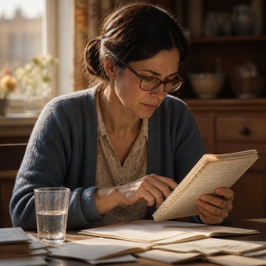 Woman examining a spiral notebook with handwritten notes at a cluttered dining table.