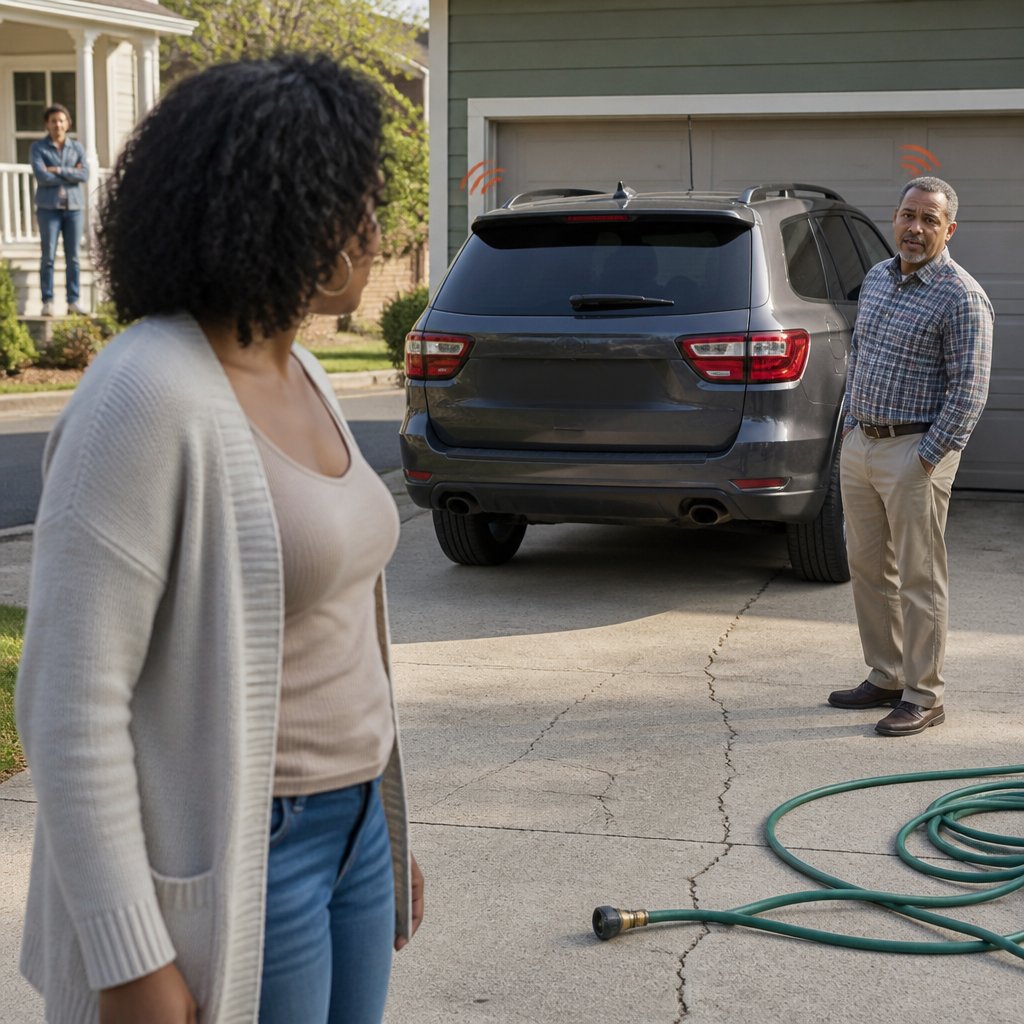 Man looking at SUV blocking his garage sensors while another man watches from his porch