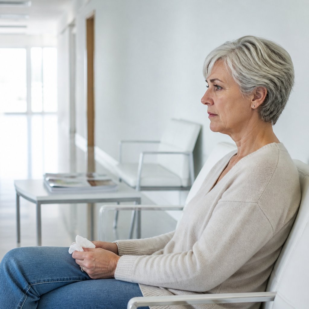 Woman sitting alone in hospital waiting room looking distressed