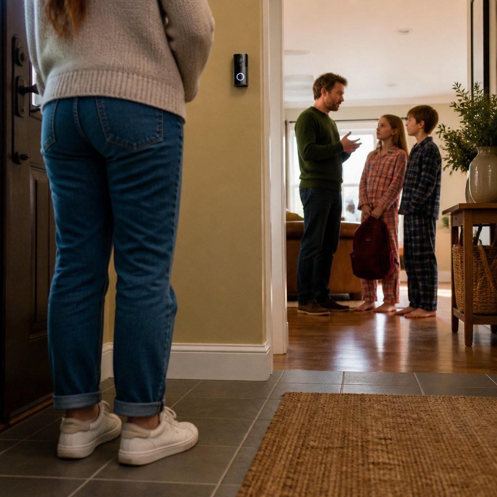 Man coaching kids quietly in a home hallway as seen from the entry with a door camera.