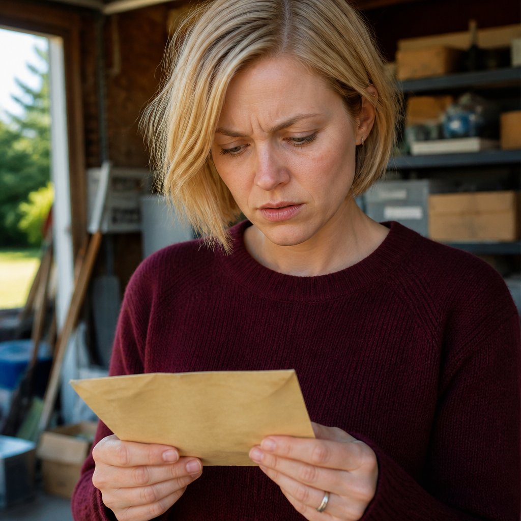 Woman holding a handwritten envelope found in a cluttered garage, inspecting it closely.