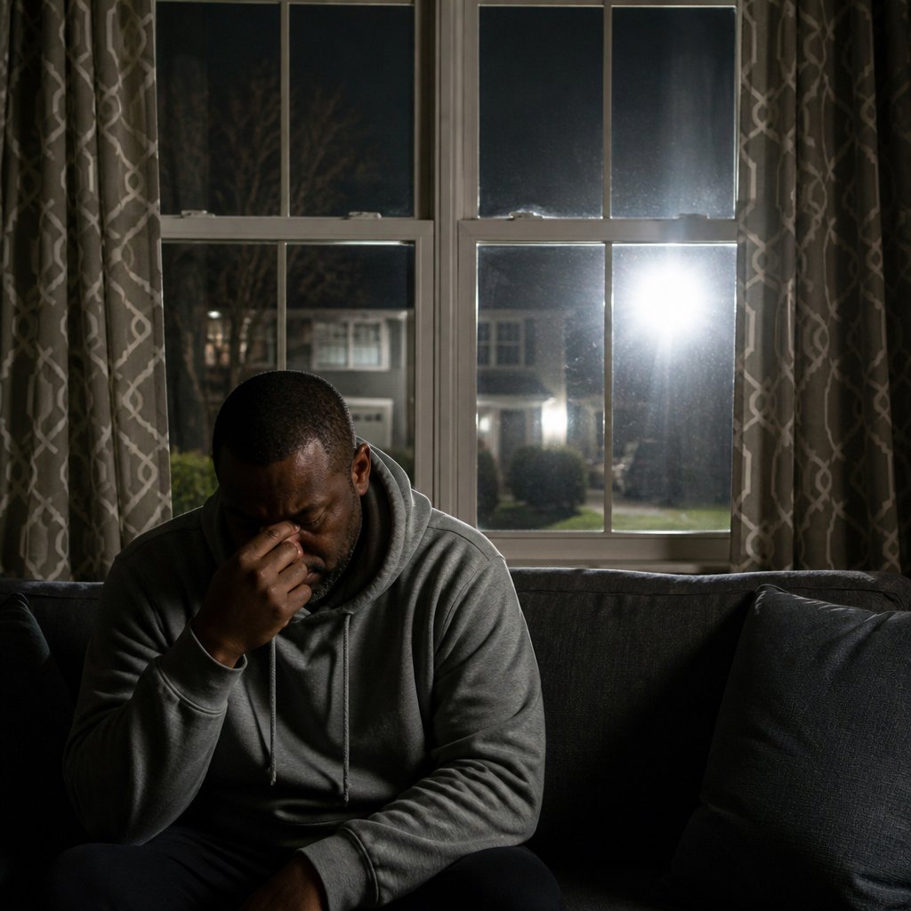 Man sitting inside at night, bothered by a bright floodlight shining into the window.