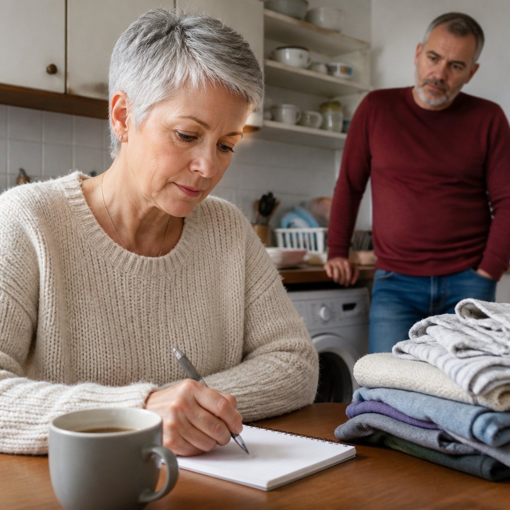 Woman writing notes at kitchen table as man watches, laundry and tea present.