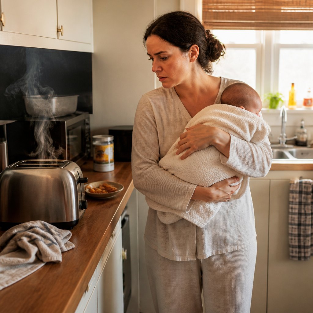Tired woman holding an infant in a cozy kitchen, staring at a toaster with smoke.