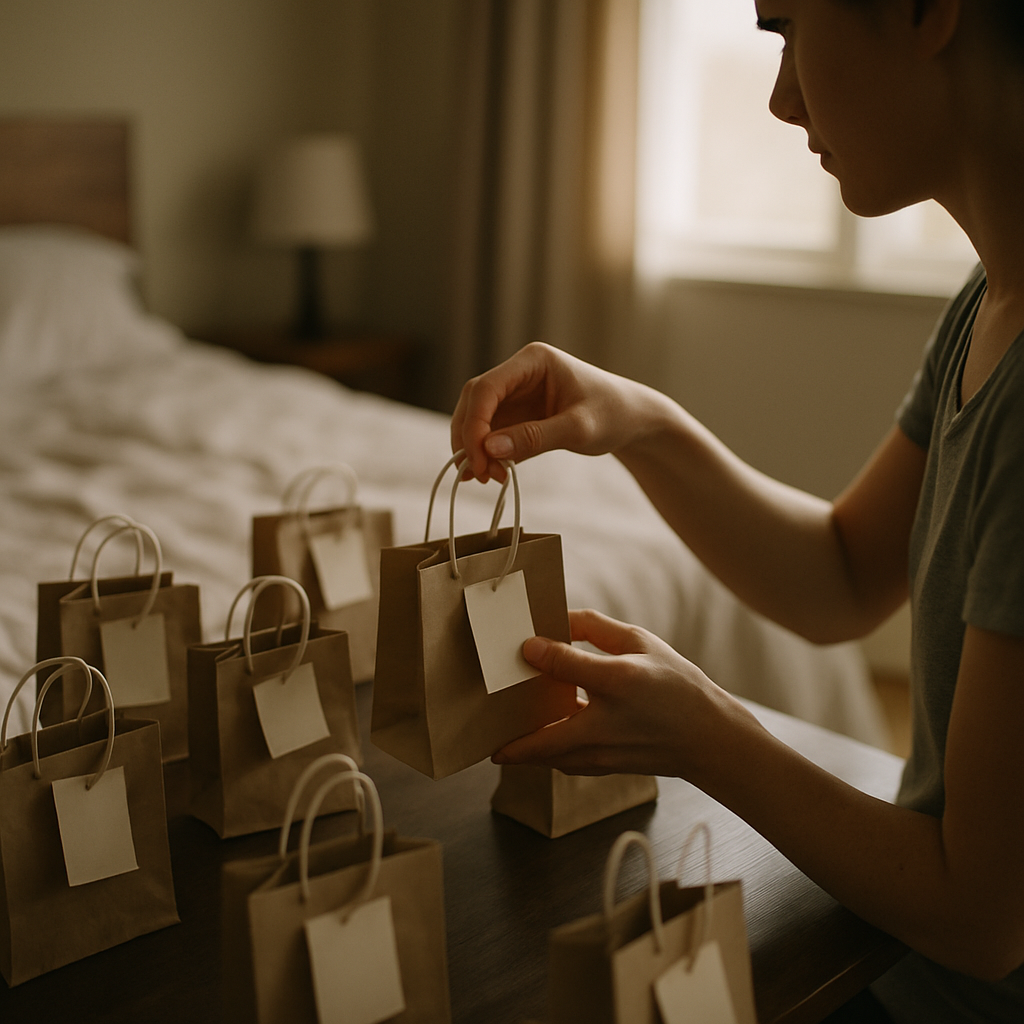 Gift bags with candles and cards on a wooden table