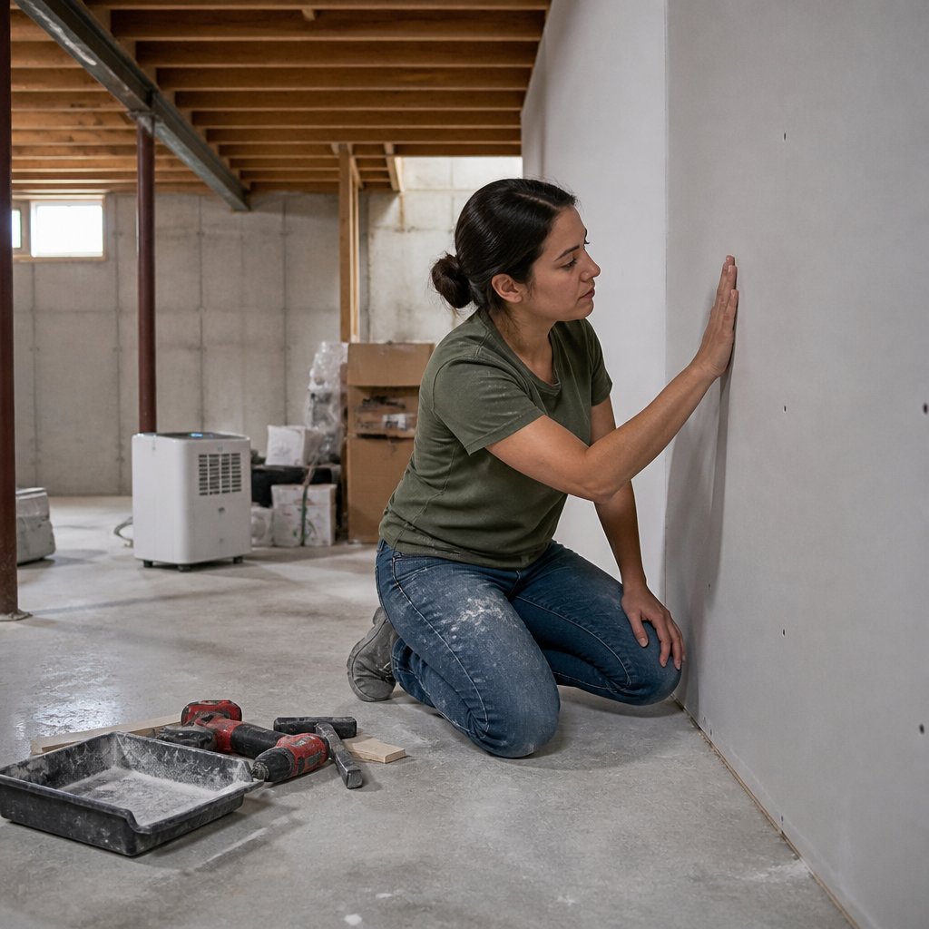 A person kneeling in a basement with new drywall and a running dehumidifier, inspecting a hollow spot in the wall with a focused expression.