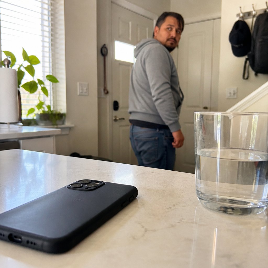 Latino man standing near front door looking anxious, phone and water glass on counter.