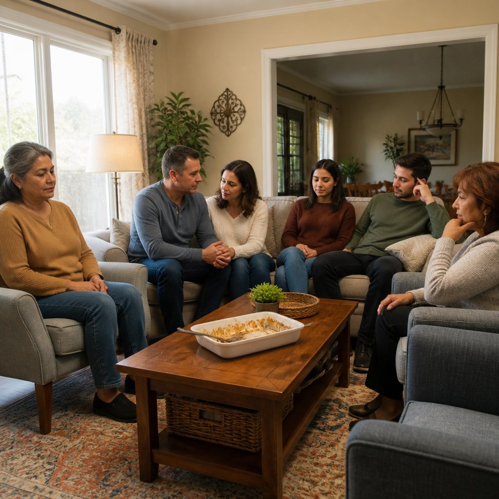 Group seated in living room during a tense family meeting, woman looking isolated.